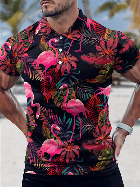 

Men's Flamingo Tropical Plant Coconut Tree Print Vacation Polo Collar Regular Fit Urban Polo Shirt, As picture, T-shirts