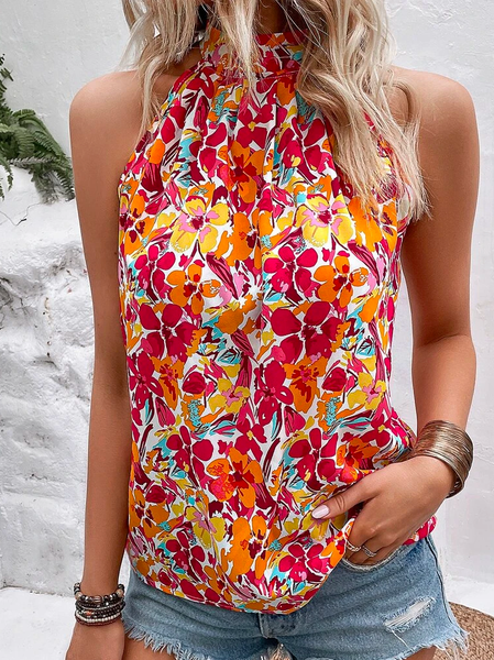 

Loose Floral Vacation Halter Shirt, Orange red, Tanks & Camis