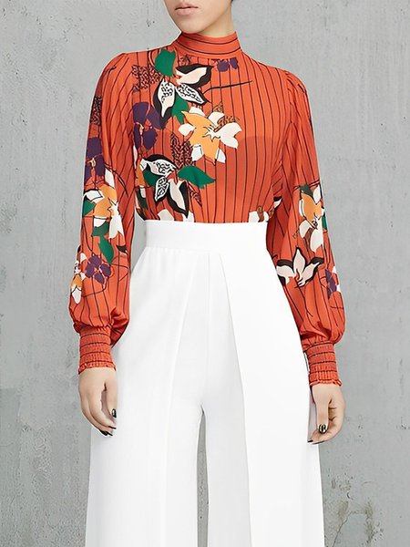 

Stand Collar Floral Loose Urban Shirt, Orange, Blouses and Shirts