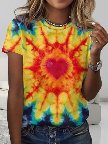 

Casual colorful heart shape tie-dye T-shirt, As picture, T-shirts