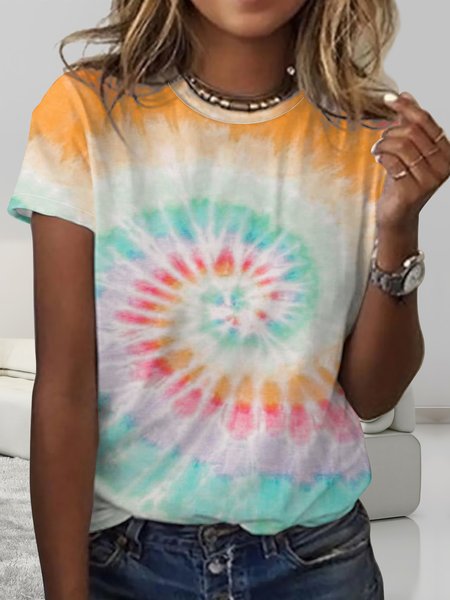 

Casual round neck color contrast spiral gradient tie-dye print T-shirt, As picture, T-shirts