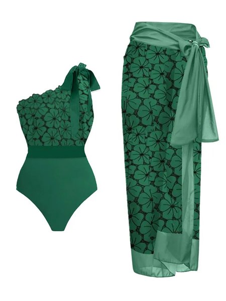 

Floral Printing One Shoulder Vacation One Piece With Cover Up, Green, Coverups