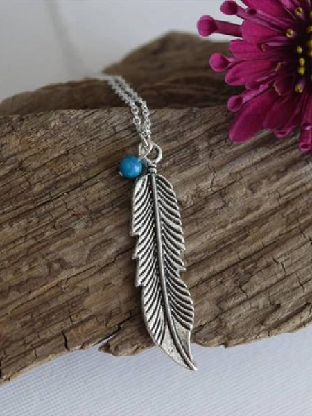 

Ethnic Turquoise Feather Pattern Necklace Boho Vintage Women's Jewelry, Silver, Necklaces