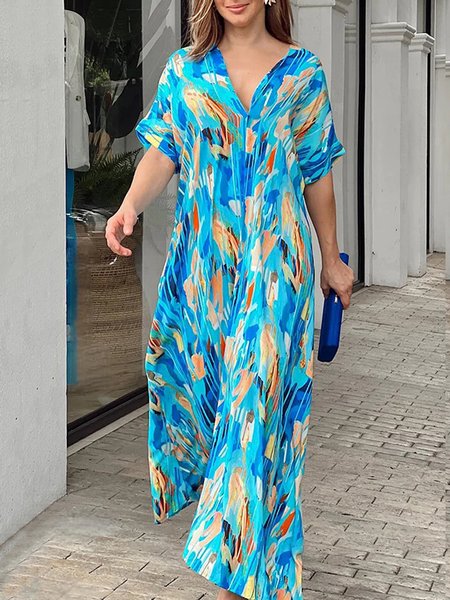 

Tight Psychedelic Art V Neck Casual Dress, Blue, Dresses