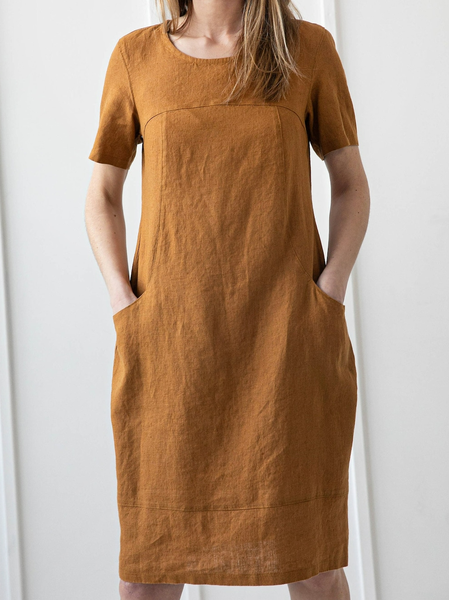 Plain Crew Neck Regular Fit Dress, Khaki, Mini Dresses