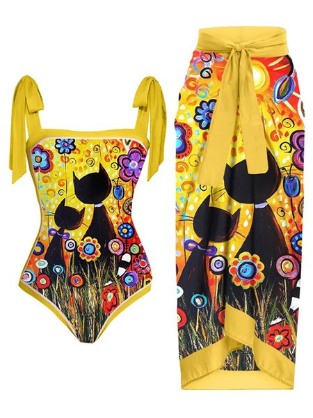 

Floral Square Neck Vacation One Piece With Cover Up, Yellow, Coverups