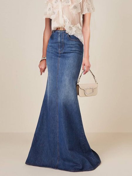 

Denim Regular Fit Elegant Plain Denim Skirt, Blue, Denim Skirts