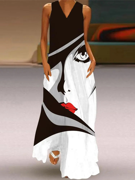 

Plus Size Abstract Casual V Neck Maxi Dress, Black-white, Plus Dresses