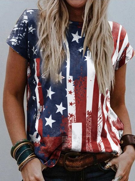 

America Flag Casual Knitted Crew Neck T-Shirt, Blue, T-Shirts