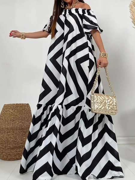 

Cold Shoulder Short sleeve Striped Loose Vacation Long Dress, Black, Maxi Dresses