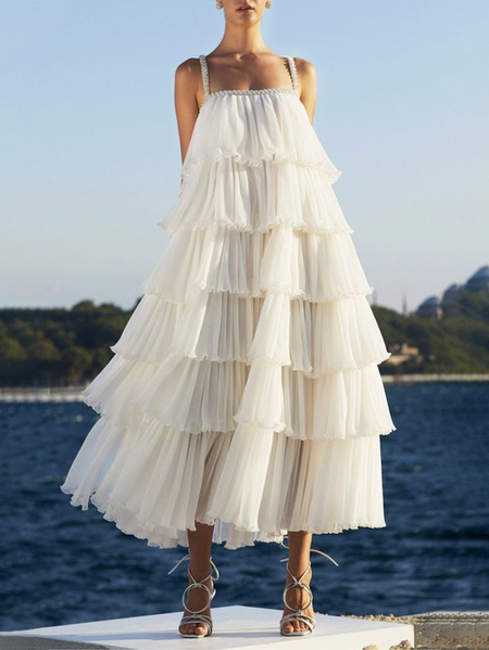 

Plus Size Loose Vacation Plain Sleeveless Dress, White, Dresses