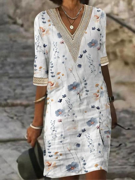 

V Neck Casual Floral Printed Lace Dress, White, Dresses