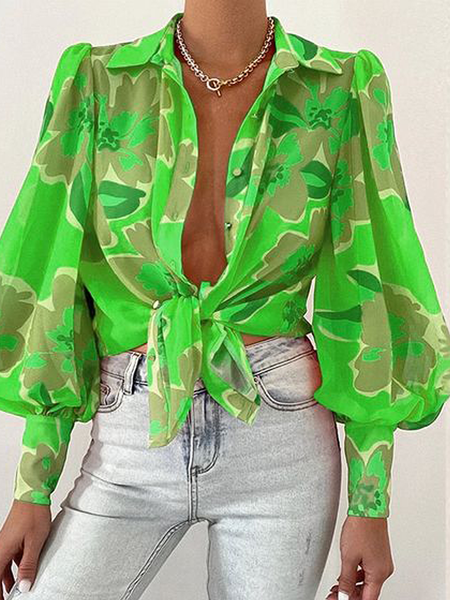 

Urban Loose Ultra Shirt Collar lightweight Long sleeve Blouse, Green, Blouses and Shirts