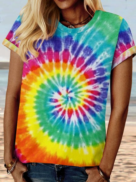 

Crew Neck Spiral Gradient Tie Dye Print T-Shirt, As picture, T-shirts