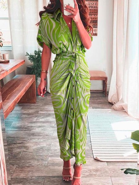 

Abstract Shirt Collar Vacation Short Sleeve Maxi Dress, Green, Maxi Dresses