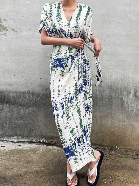 

Short sleeve Regular Fit Cross Neck Urban Dress, Green, Maxi Dresses
