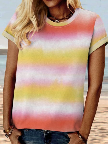 

Casual Color Gradient Tie-Dye T-Shirt, As picture, T-shirts