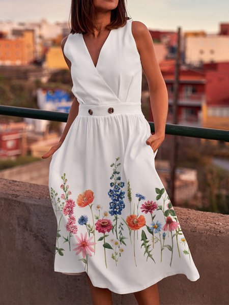 

Floral Casual V Neck Regular Fit Dress, White, Dresses