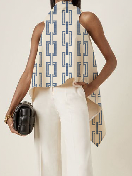 

Loose Lightweight Stand Collar Sleeveless Urban Shirt, Blue, Blouses and Shirts