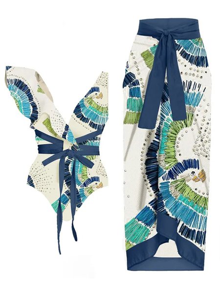 

V Neck Vacation Abstract One Piece With Cover Up, Blue, Coverups