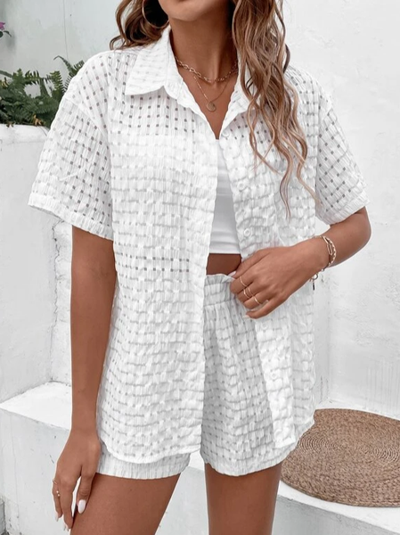 

Shawl Collar Loose Casual Plain Two-Piece Set, White, Tops