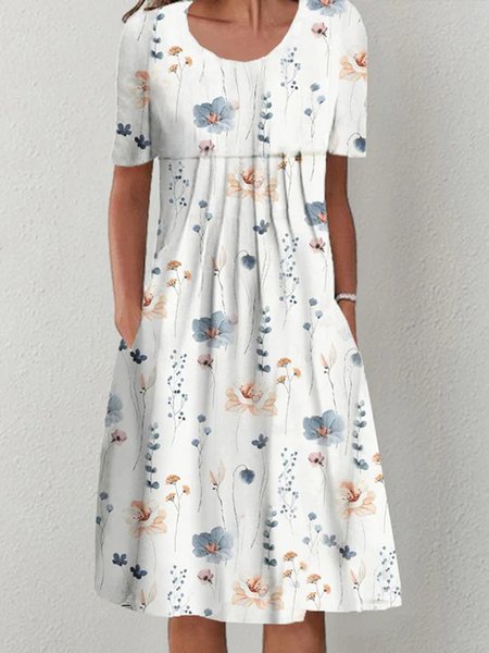 

Floral Crew Neck Casual Vacation A-Line Dress, White, Dresses