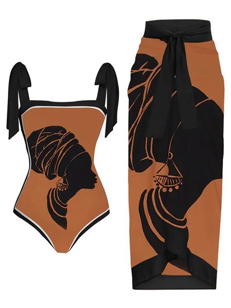 

Ethnic Printing One Piece With Cover Up, Brown, swimwear>>One-Pieces