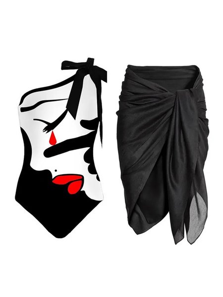 

Vacation Figure Printing One Shoulder One Piece With Cover Up, Black, Coverups