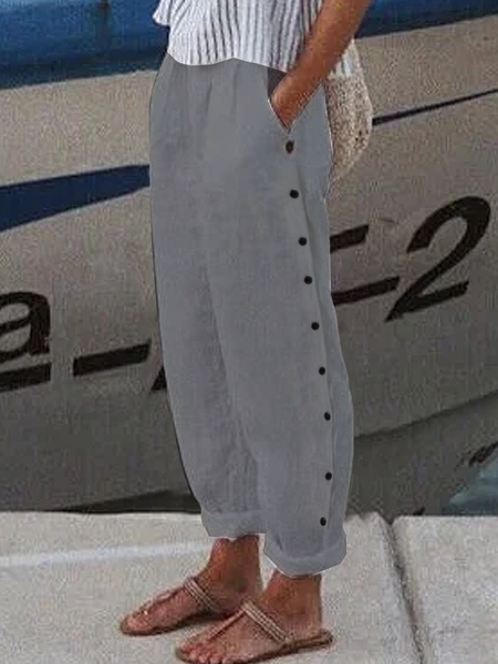 

Buttoned Linen Loose Plain Pants, Gray, Pants