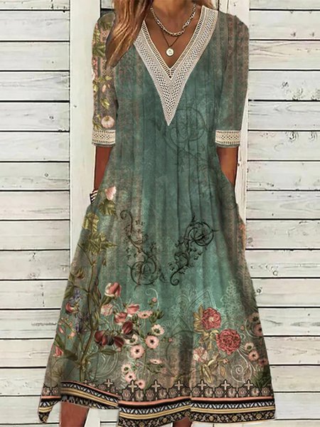 

Floral V Neck Lace Pocket Stitching Loose Casual Dress, Green, Midi