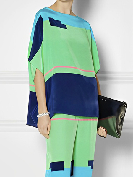 

Plus Size Loose Elegant Color Block Crew Neck Shirt, Green, Plus Tops