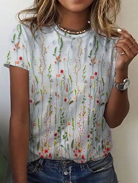 

Floral Crew Neck Casual T-Shirt, Gray, T-Shirts
