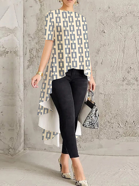 

Crew Neck Loose Short sleeve Geometric Urban Crew Neck Shirt, Blue, Blouses and Shirts