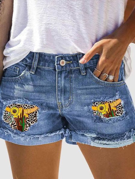 

Women's Leopard Whiskers Ripped Jeans Denim Shorts, Blue, Jeans