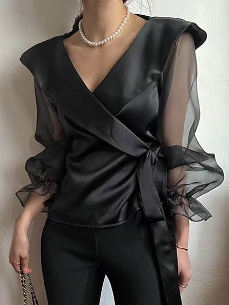 

Plain Elegant V Neck Loose Blouse, Black, Blouses and Shirts