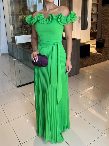 

Regular Fit Cap sleeve Cold Shoulder Elegant Plain Long Dress, Green, Maxi Dresses