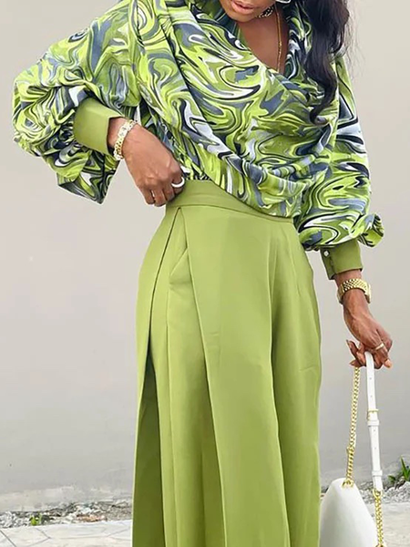 

High Elasticity Abstract Loose Long sleeve Urban Shirt, Green, Blouses and Shirts