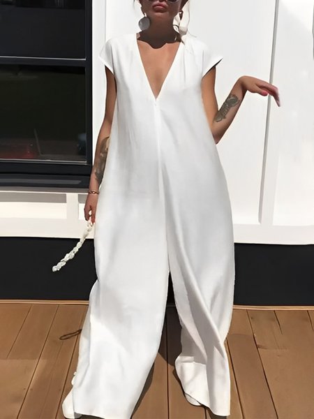 

Loose V Neck Casual Jumpsuit, White, Jumpsuits
