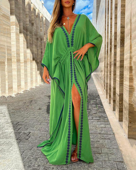 

Color Block V Neck Loose Short sleeve Vacation Long Dress, Green, Maxi Dresses