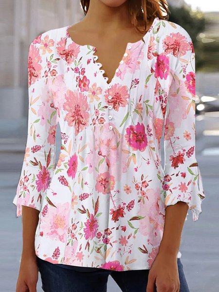 

Loose V Neck Knitted Casual Shirt, Pink, Shirts & Blouses