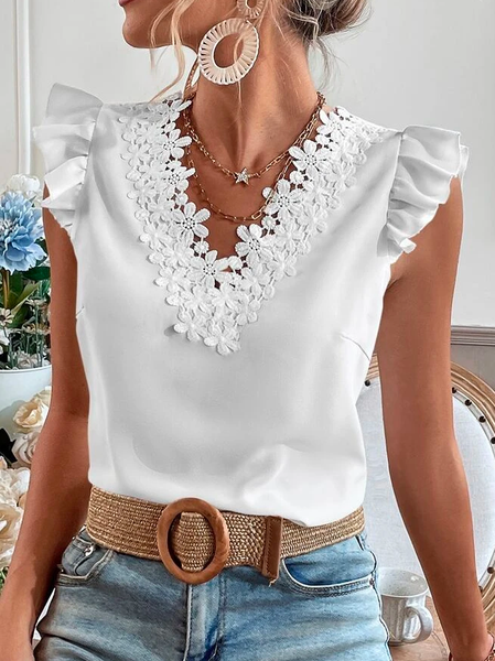 

Casual Plain Loose Lace Guipure Lace Trim Cap Sleeve Shirt, White, Shirts & Blouses