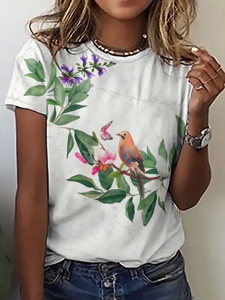 

Women's Branches Leaves Bird Butterfly Casual Cotton T-Shirt, As picture, T-shirts