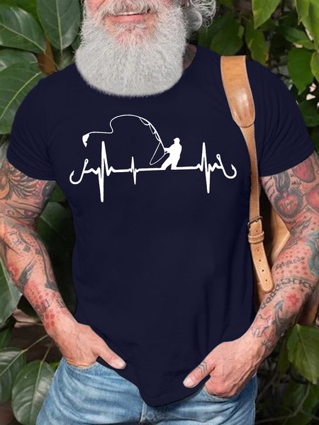 

Men's Fishing Electrocardiogram Funny Graphic Printing Casual Crew Neck Loose Cotton T-Shirt, Purplish blue, T-shirts
