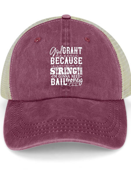 

Women's God Crant Me Peace Because If You Give Me Strength I'M Gonna Need Ball Money Too Funny Washed Mesh Back Baseball Cap, Wine red, Women's Hats