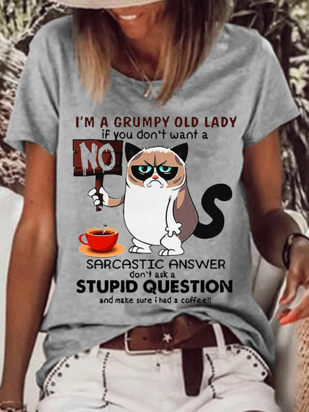 

Women‘s Funny Cat I’m A Grumpy Old Lady If You Don’t Want A Sarcastic Answer Don’t Ask A Stupid Question And Make Sure I Had A Coffee T-Shirt, Gray, T-shirts