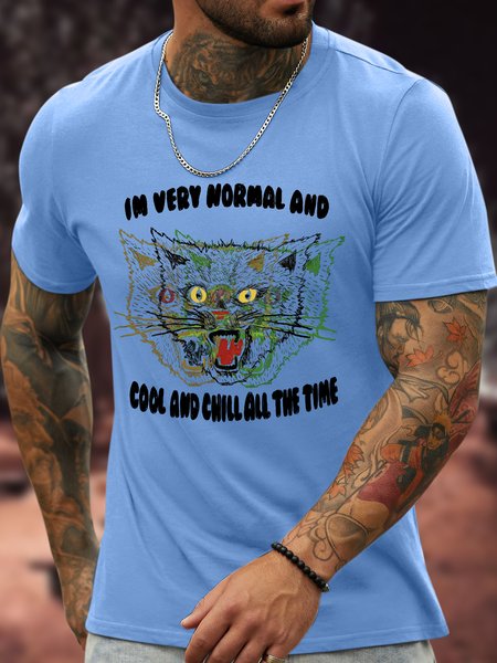 

Men's I Am Very Normal And Cool And Chill All The Time Funny Cat Graphic Printing Cotton Text Letters Casual Crew Neck T-Shirt, Blue, T-shirts