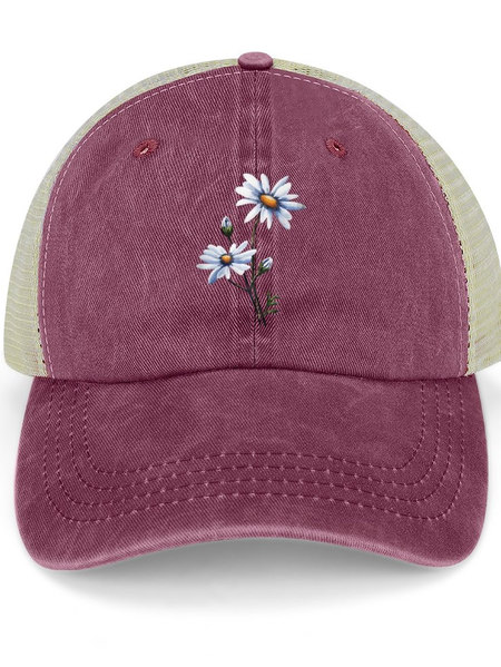 

Women's Daisy Washed Mesh Back Baseball Cap, Wine red, Women's Hats