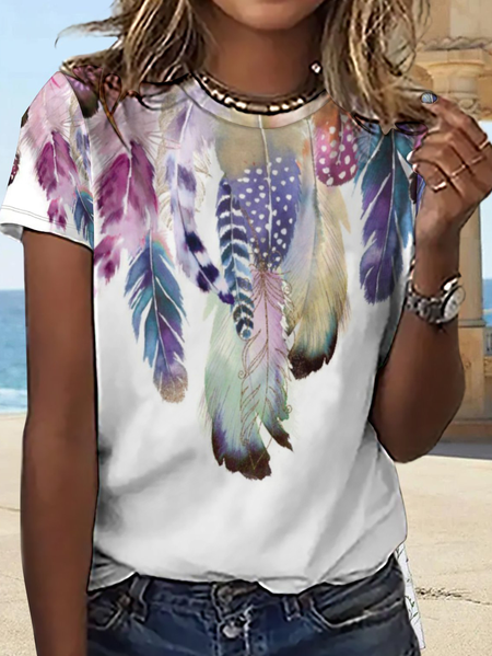 

Women's Color Block Feather Pattern Simple Loose T-Shirt, Purple, T-shirts
