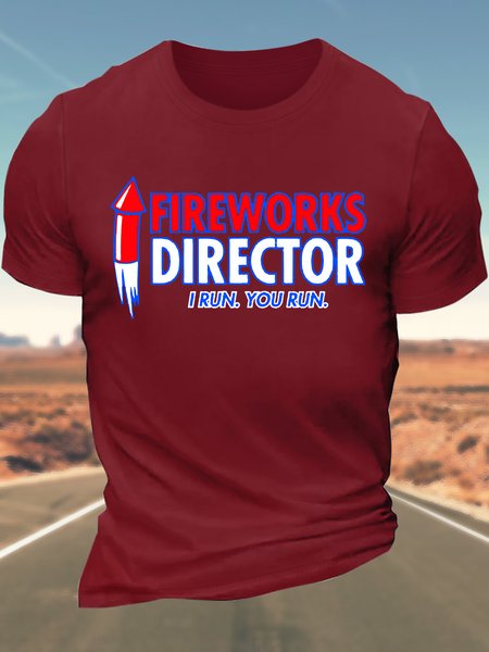

Men’s FireWorks Director I Run You Run Text Letters Cotton Crew Neck Casual T-Shirt, Red, T-shirts