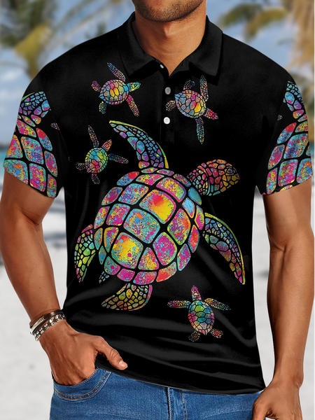 

Men's Turtle Tie-Dye Print Urban Coconut Tree Polo Collar Regular Fit Polo Shirt, As picture, T-shirts